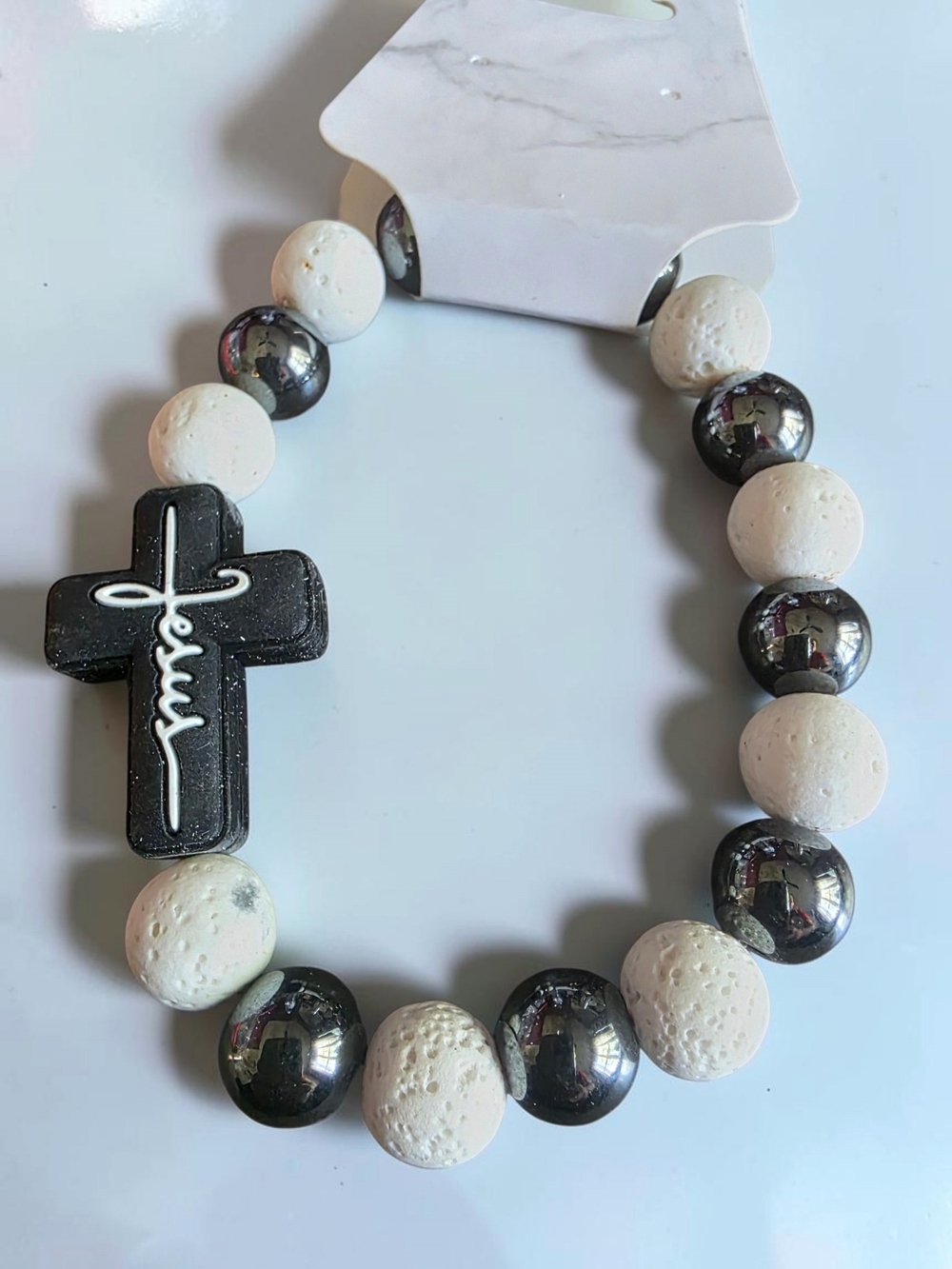 White and Black Lava Rock And Hematite Cross Bead Bracelet